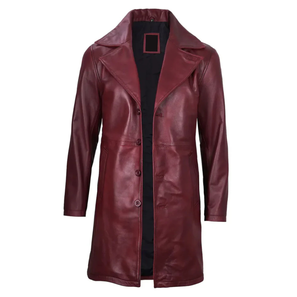 Maroon Bryson Aegis trench coat for men, featuring a belted waist and double-breasted closure.