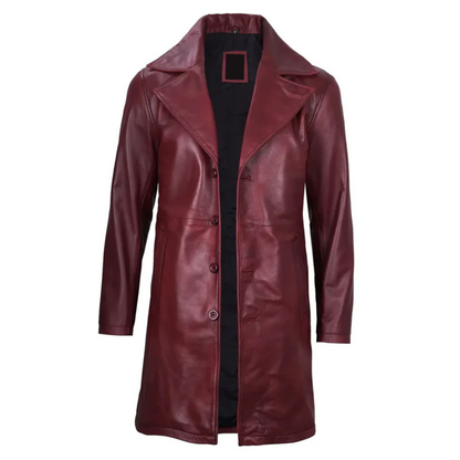 Maroon Bryson Aegis trench coat for men, featuring a belted waist and double-breasted closure.