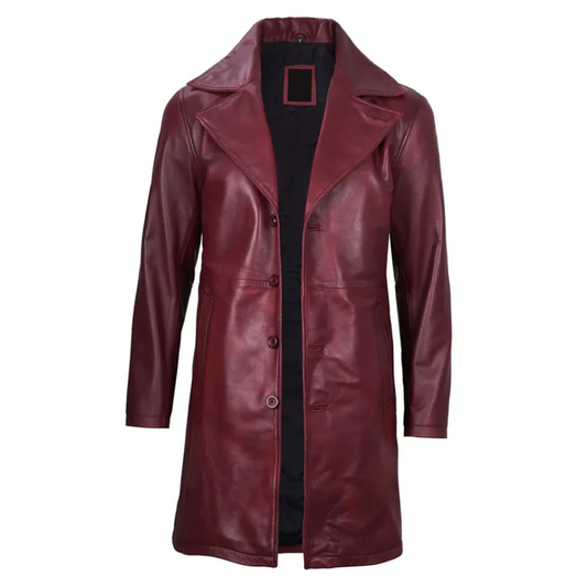 Maroon Bryson Aegis trench coat for men, featuring a belted waist and double-breasted closure.