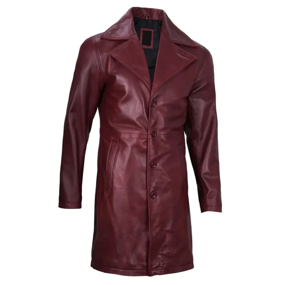 Maroon Bryson Aegis trench coat for men, featuring a belted waist and double-breasted closure.