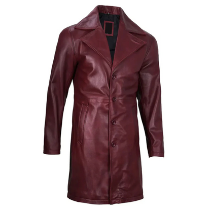 Maroon Bryson Aegis trench coat for men, featuring a belted waist and double-breasted closure.