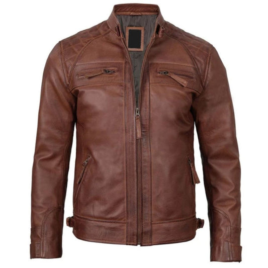 Café Brown Explorer leather biker jacket with multiple zippers and snap collar.