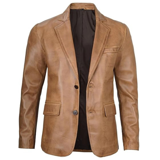 Camel Luxe leather blazer for men, featuring a soft texture and tailored, modern fit.