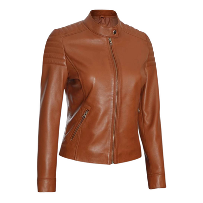 Carrie Women's Tan Cafe Racer Leather Jacket