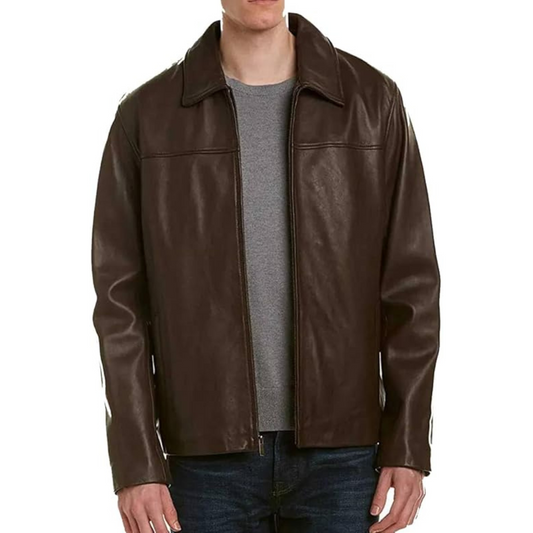 Chic Brown Leather Jacket with Shirt Collar