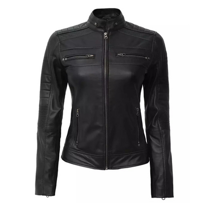 Classic Black Leather Biker Jacket For Women's