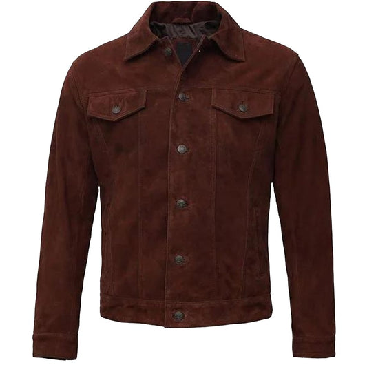 Dark brown suede Raider jacket with antique brass hardware and shirt collar.