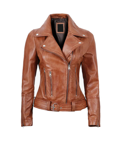 Elisa Women’s Asymmetrical Brown Leather Motorcycle Jacket with Belted Waist