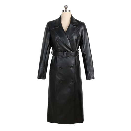 Genuine Leather Double-Breasted Black Trench Coat