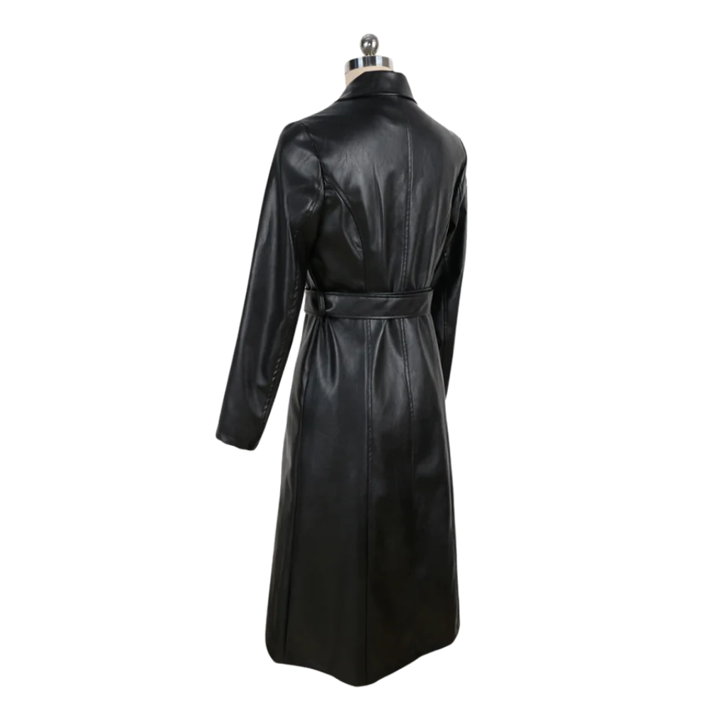 Genuine Leather Double-Breasted Black Trench Coat