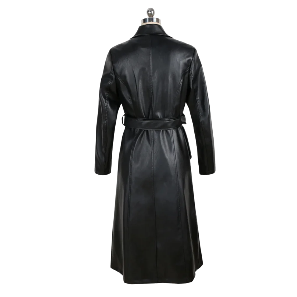 Genuine Leather Double-Breasted Black Trench Coat