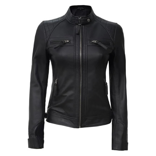 Hand-Stitched Black Leather Biker Jacket