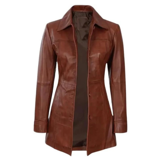 Long Cognac Brown Leather Blazer