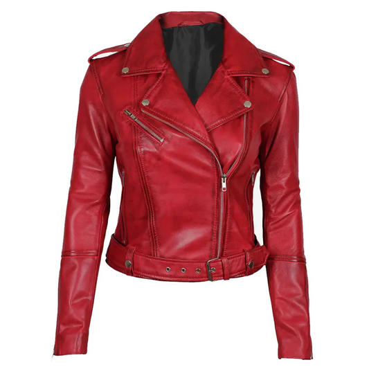 Margaret Women’s Red Asymmetrical Moto Leather Jacket