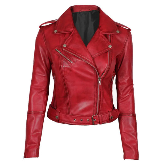 Margaret Women’s Red Asymmetrical Moto Leather Jacket