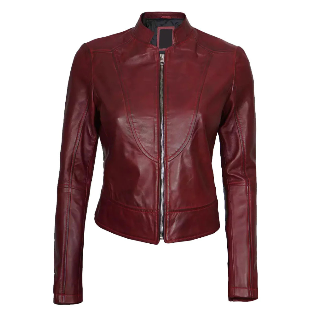 Maroon Leather Cafe Racer Jacket For Women's