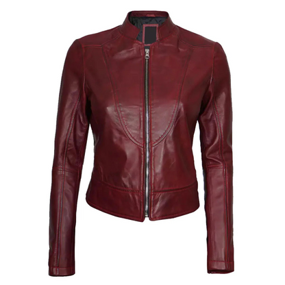 Maroon-Leather-Cafe-Racer-Jacket-For-Women's