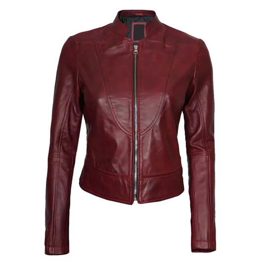 Maroon-Leather-Cafe-Racer-Jacket-For-Women's