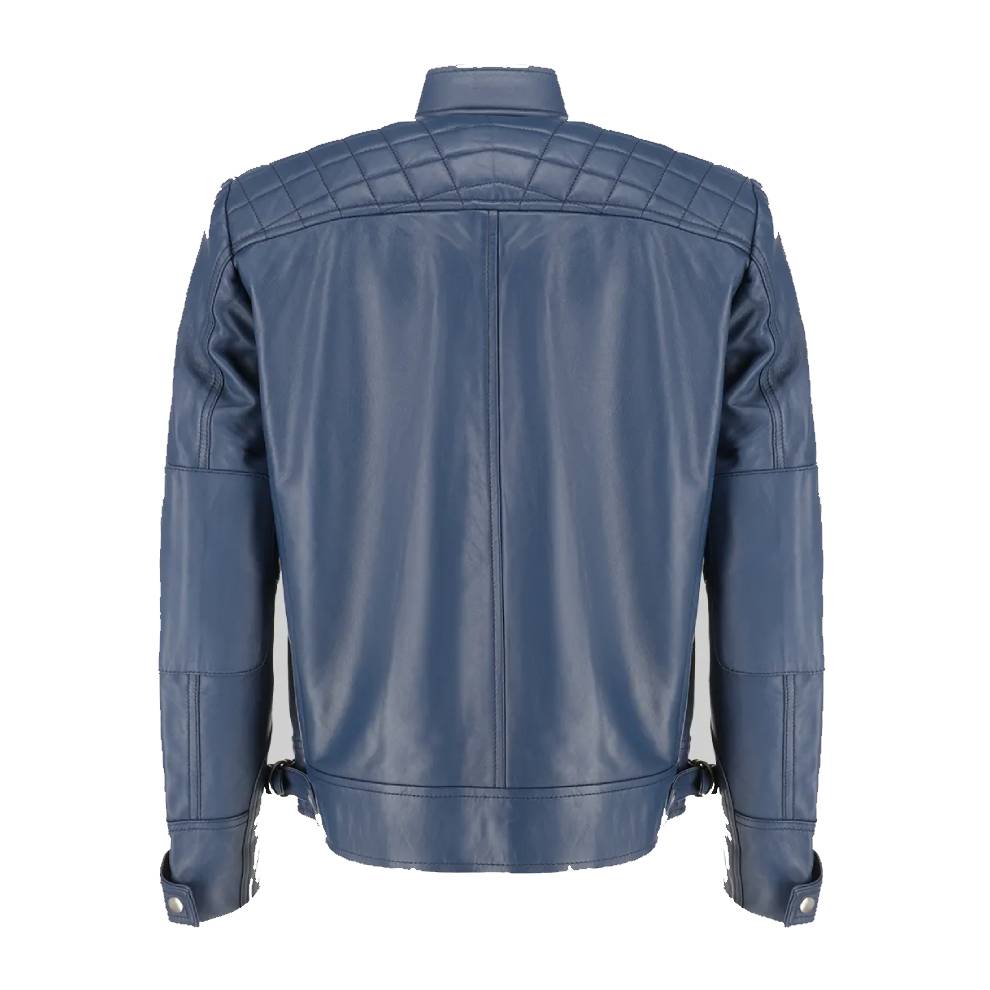 Men’s premium blue real leather biker jacket featuring a stand-up erect collar, zippered front, and four outside pockets.
