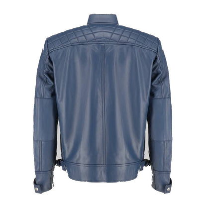 Men’s premium blue real leather biker jacket featuring a stand-up erect collar, zippered front, and four outside pockets.