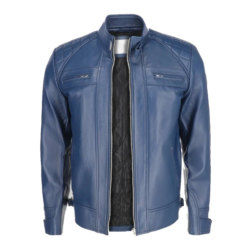 Blue leather jacket on a white background