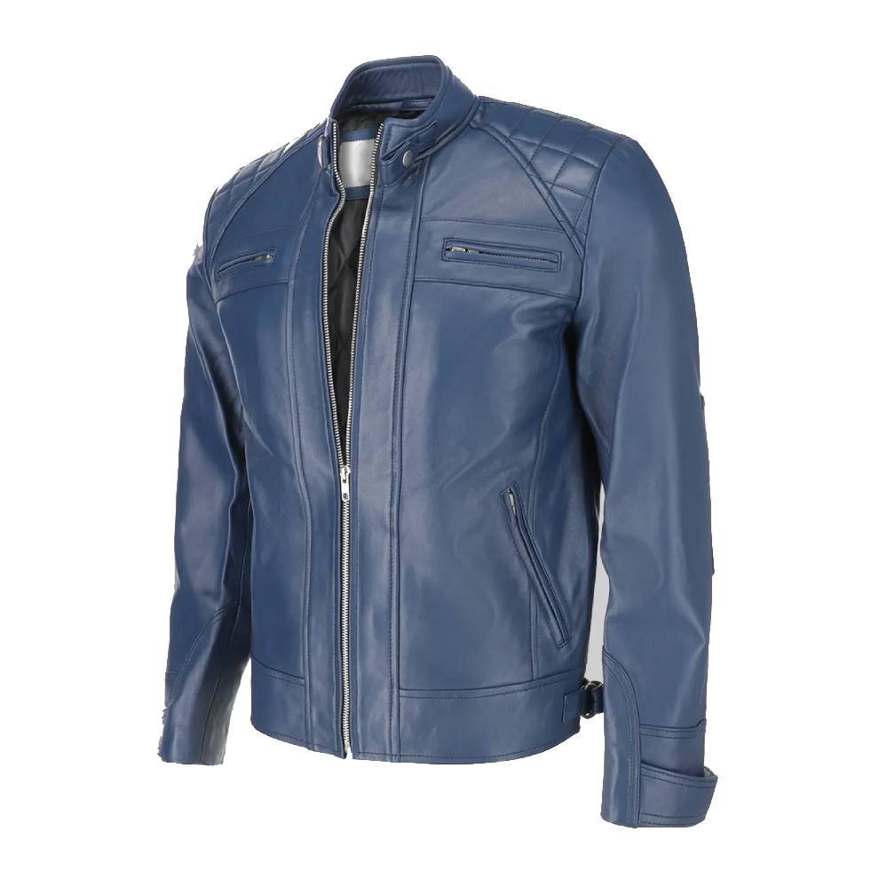 Men’s premium blue real leather biker jacket featuring a stand-up erect collar, zippered front, and four outside pockets.