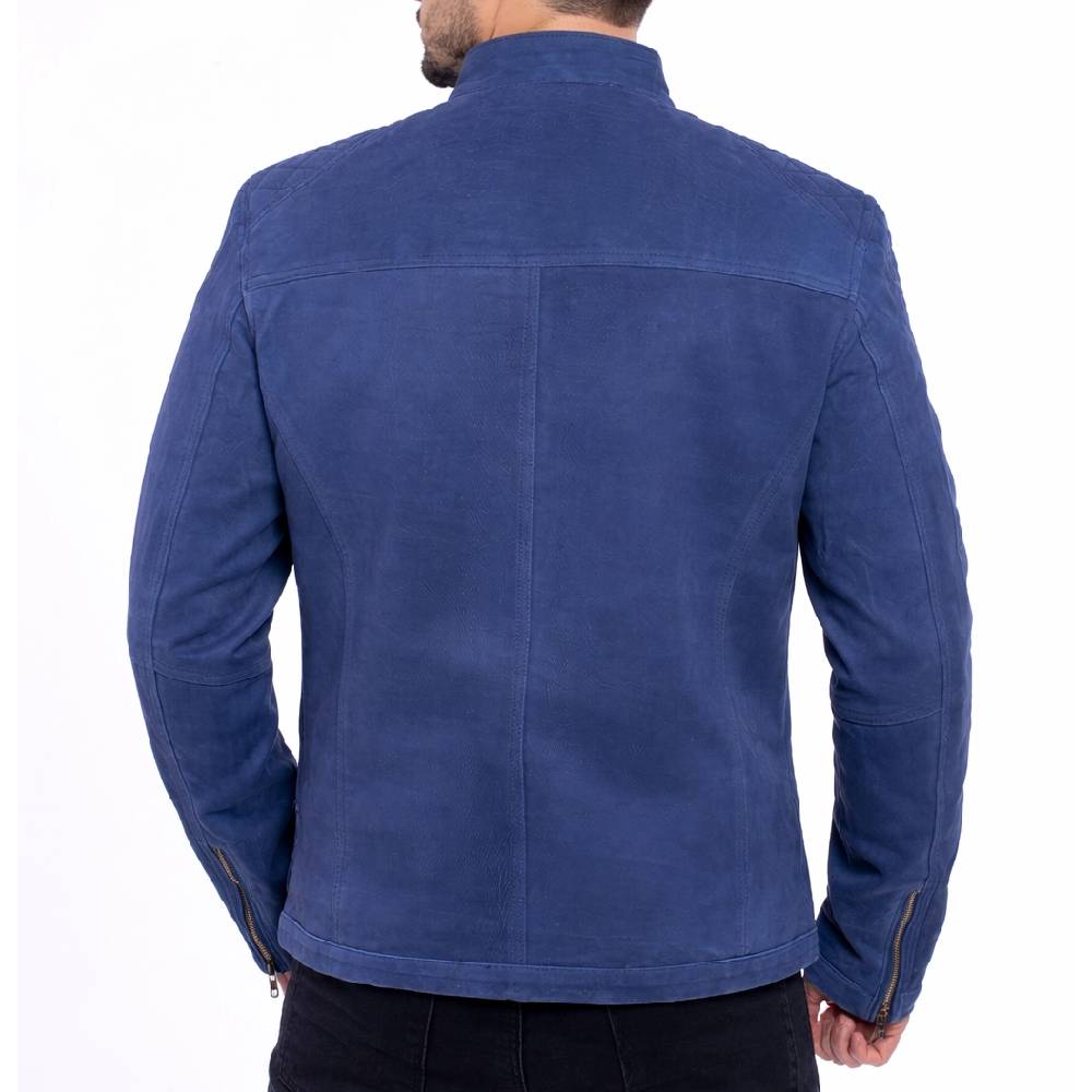 Men’s premium blue suede leather moto jacket featuring a stand-up collar, zippered chest pockets, and adjustable zipper cuffs.