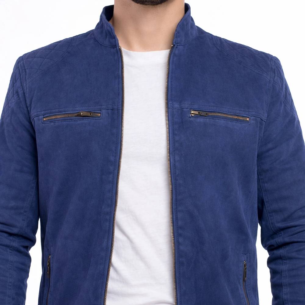 Men’s premium blue suede leather moto jacket featuring a stand-up collar, zippered chest pockets, and adjustable zipper cuffs.