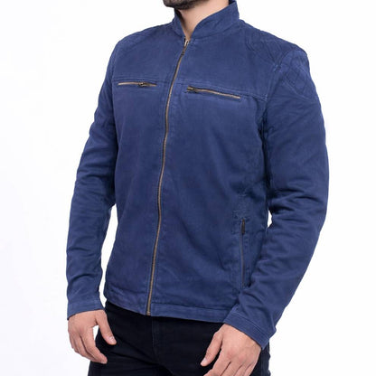 Men’s premium blue suede leather moto jacket featuring a stand-up collar, zippered chest pockets, and adjustable zipper cuffs.