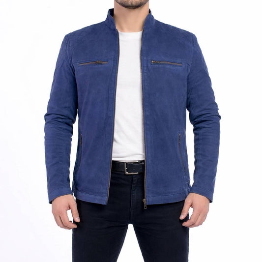 Men’s premium blue suede leather moto jacket featuring a stand-up collar, zippered chest pockets, and adjustable zipper cuffs.