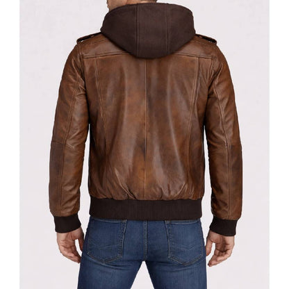 Brown leather jacket with hood on a white background