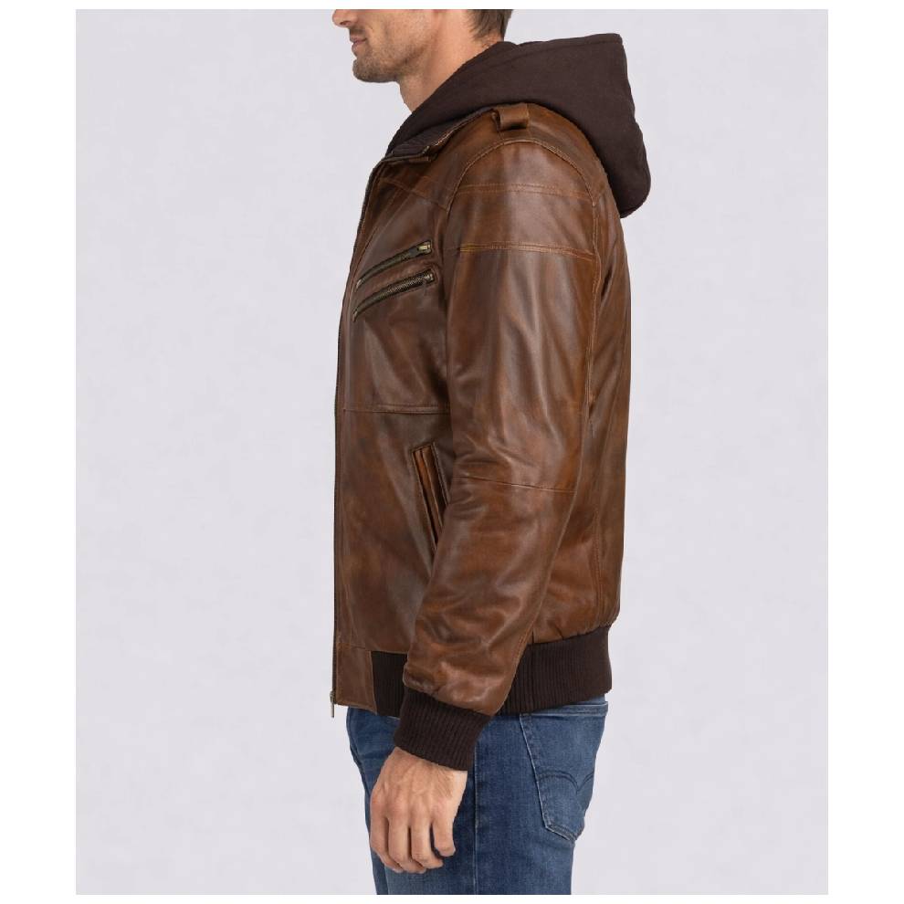 Brown leather jacket with a hood worn by a person on a light gray background