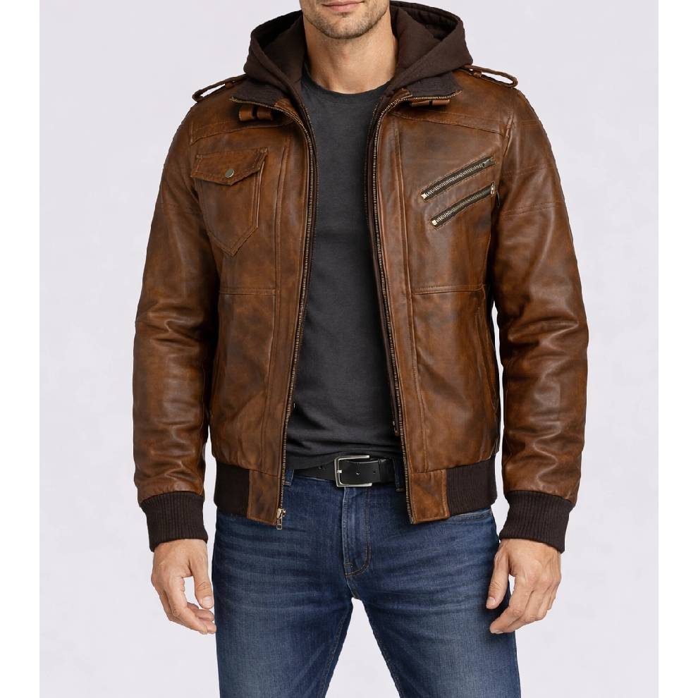 Man wearing a brown leather jacket with a hood on a white background