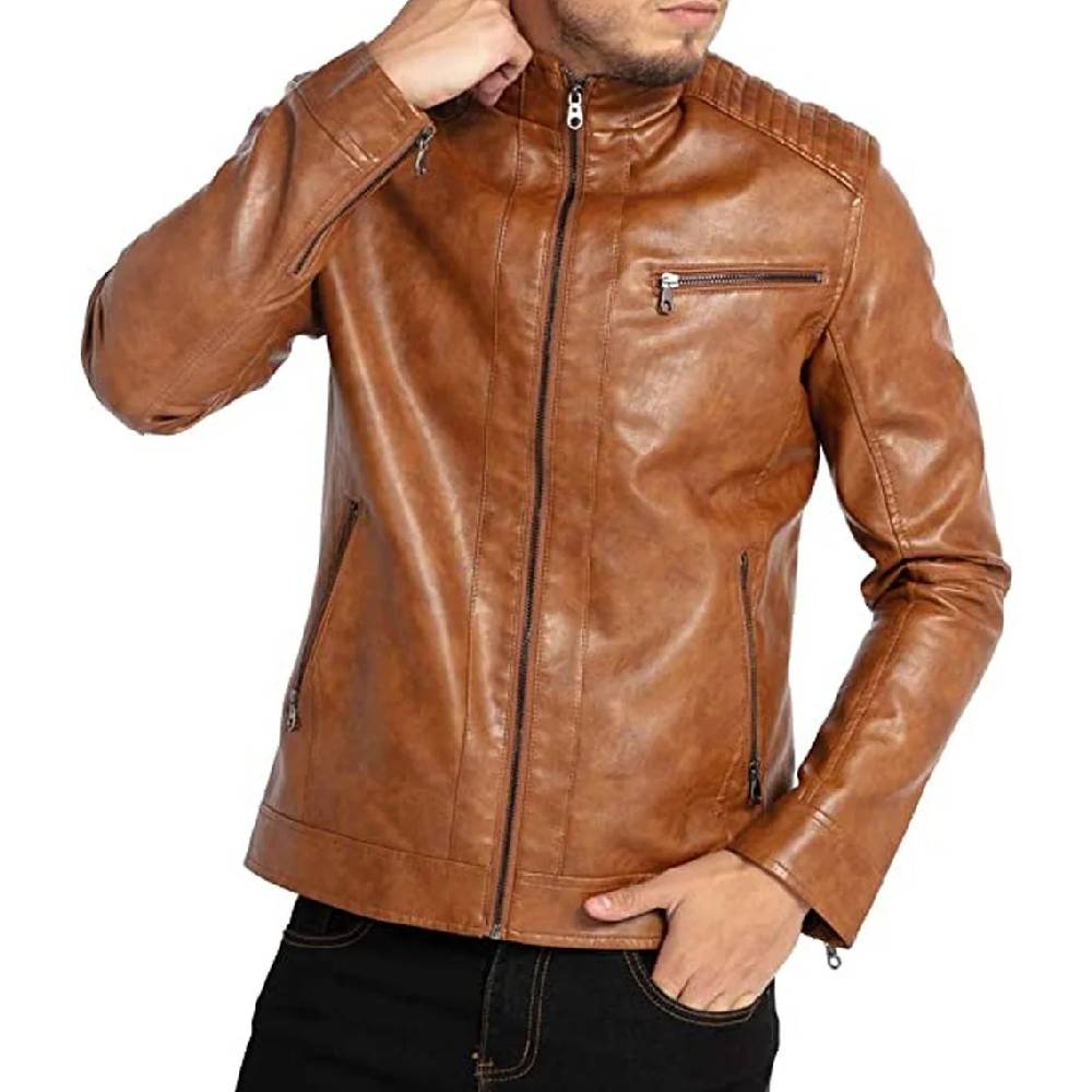 Men’s premium brown real leather jacket featuring a belted collar, light shoulder pads, and a slanted zippered chest pocket.