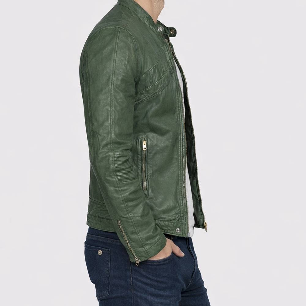 Men’s slim-fit green faux leather biker jacket featuring a snap-tab collar, YKK zipper closure, and unique snap-tab over zipper cuffs