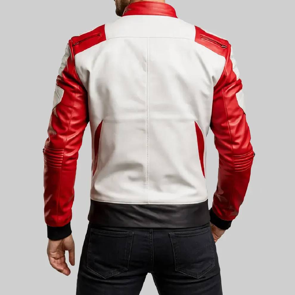 Red and white leather jacket on a gray background