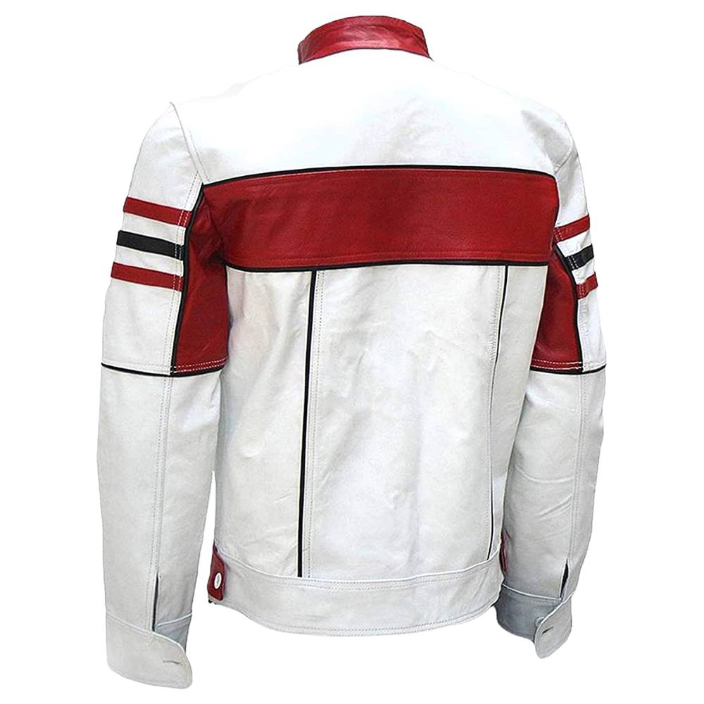 Men’s premium white and red real leather moto jacket featuring a stand-up collar, YKK zipper closure, and classic buttoned cuffs.