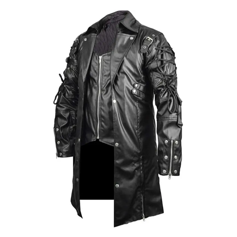 Men's Full-Sleeve Black Gothic Leather Trench Coat