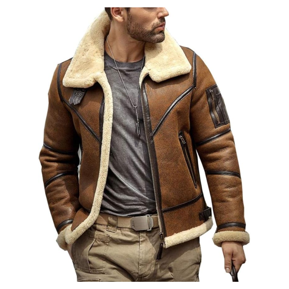 Mens B3 Brown Shearling Leather Bomber Jacket Pious Leather