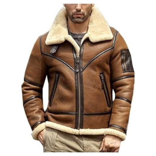 Mens B3 Brown Shearling Leather Bomber Jacket Pious Leather