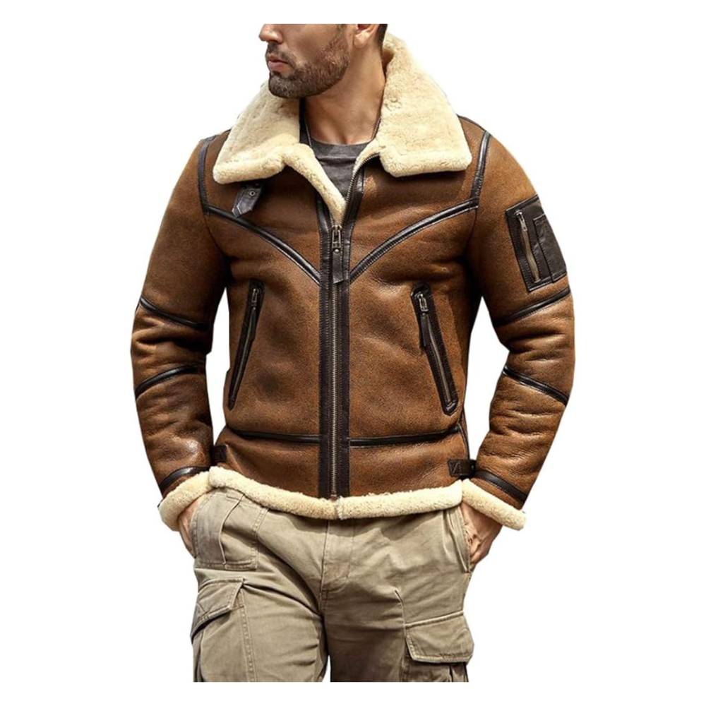 Mens B3 Brown Shearling Leather Bomber Jacket Pious Leather