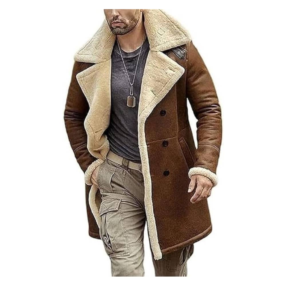 Men's Luxury Long  Faux Shearling Sheepskin Trench Coat