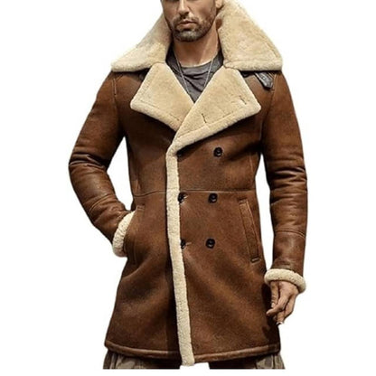 Men's Luxury Long  Faux Shearling Sheepskin Trench Coat