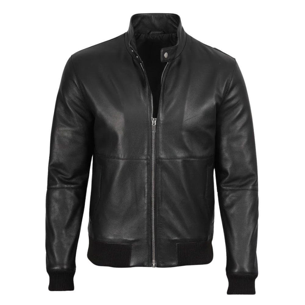 Internal view of a men's black lambskin leather bomber jacket showing the soft lining and pockets
