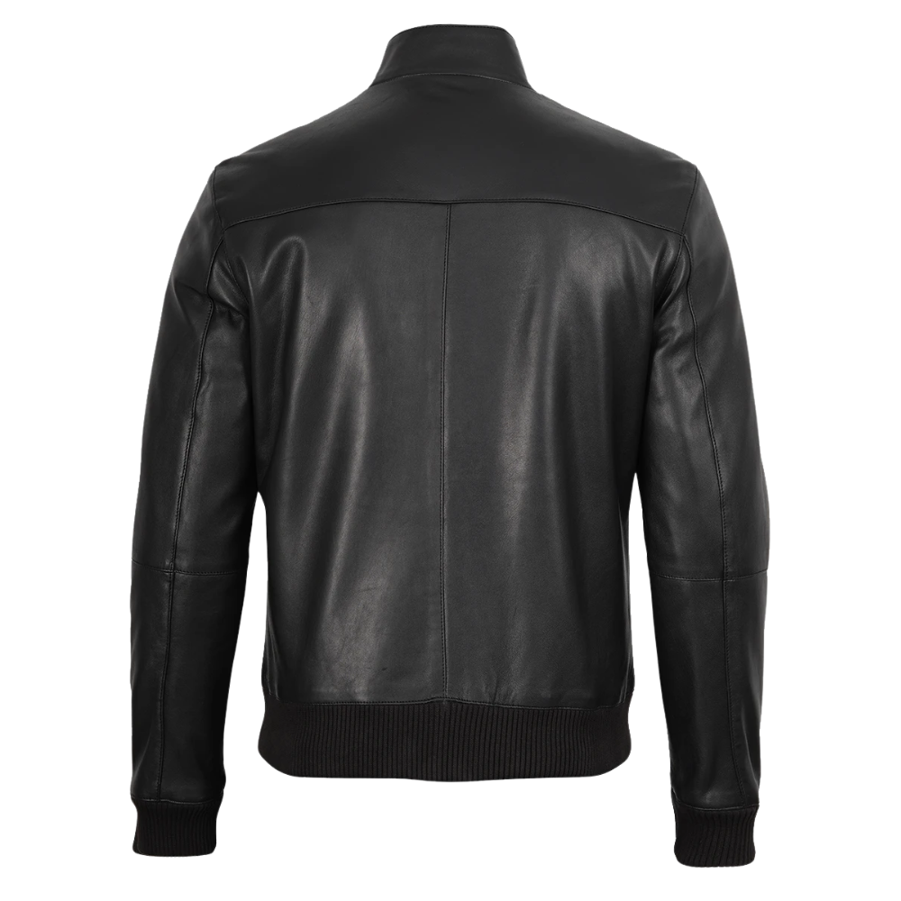 Internal view of a men's black lambskin leather bomber jacket showing the soft lining and pockets