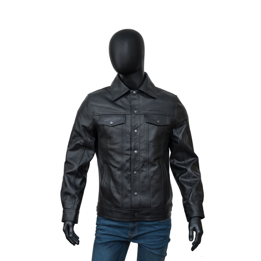 Mens-TurnDown-Black-Leather-Jacket