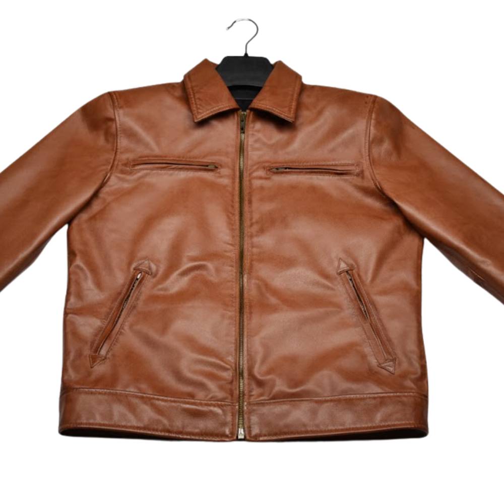 Premium men’s tan brown genuine leather jacket with classic shirt collar and slim fit design