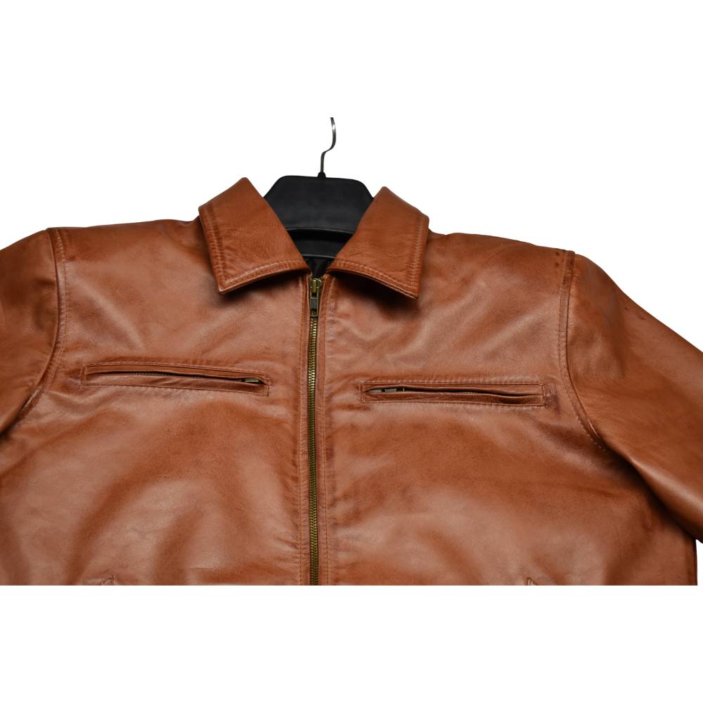 Premium men’s tan brown genuine leather jacket with classic shirt collar and slim fit design