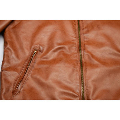 Premium men’s tan brown genuine leather jacket with classic shirt collar and slim fit design