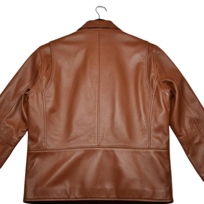 Premium men’s tan brown genuine leather jacket with classic shirt collar and slim fit design